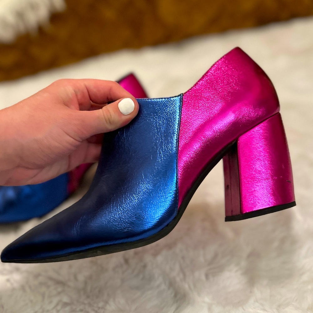 Jeffrey Campbell Size 8 EUC Pink Blue Metallic Heel Booties Worn Twice